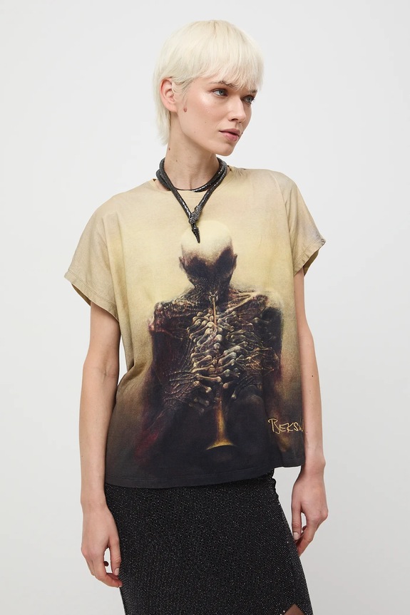 Odzież T-shirt bawełniany damski z kolekcji Zdzisław Beksiński x Medicine RW25-TSDA51 żółty