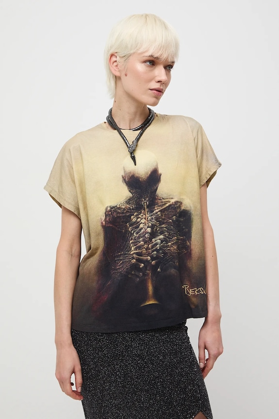 Odzież T-shirt bawełniany damski z kolekcji Zdzisław Beksiński x Medicine RW25-TSDA51 żółty