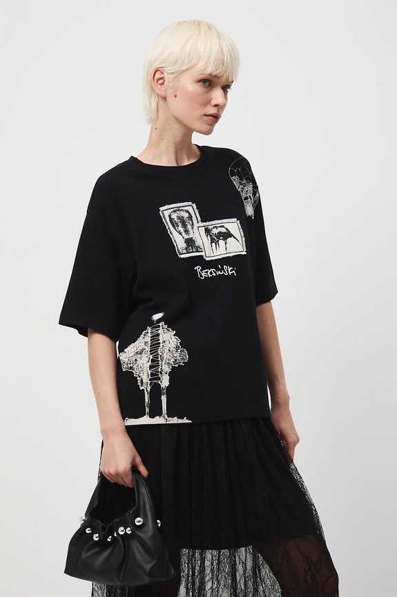 T-shirt bawełniany damski z kolekcji Zdzisław Beksiński x Medicine okrągły czarny RW25-TSDA56