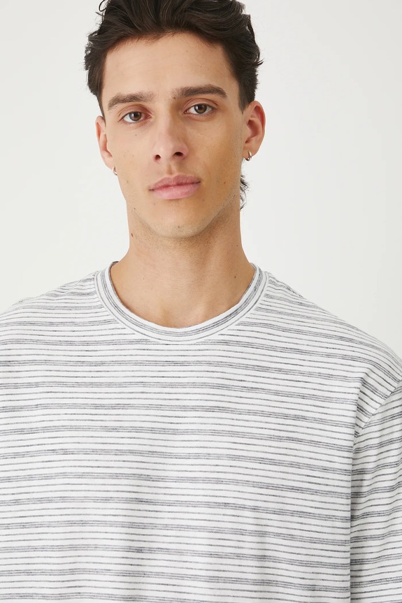 T-shirt bawełniany męski w pasy beżowy RW25-TSM014