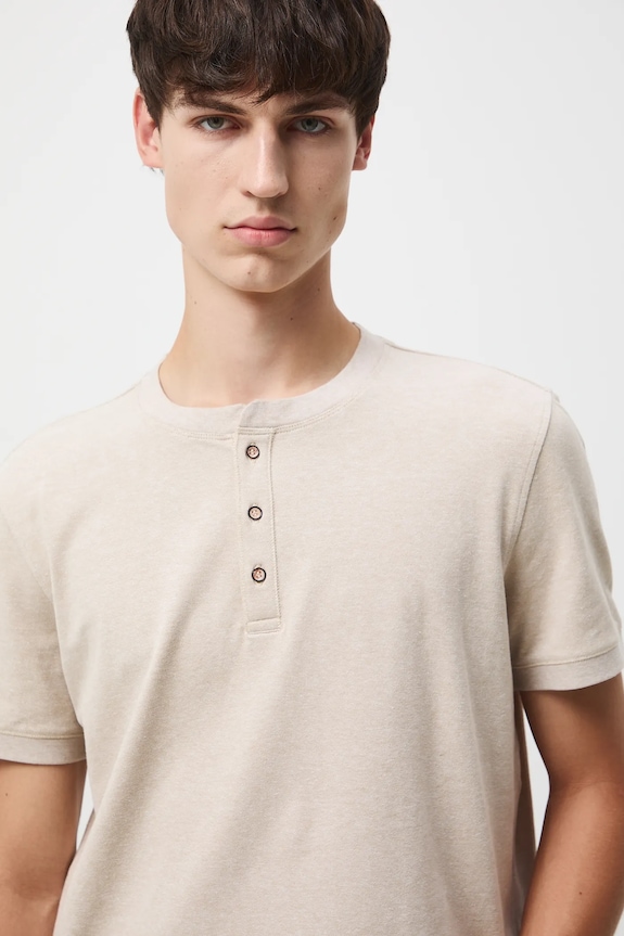 T-shirt bawełniany męski z elastanem z dzianiny strukturalnej melanż beżowy RW25-TSM056