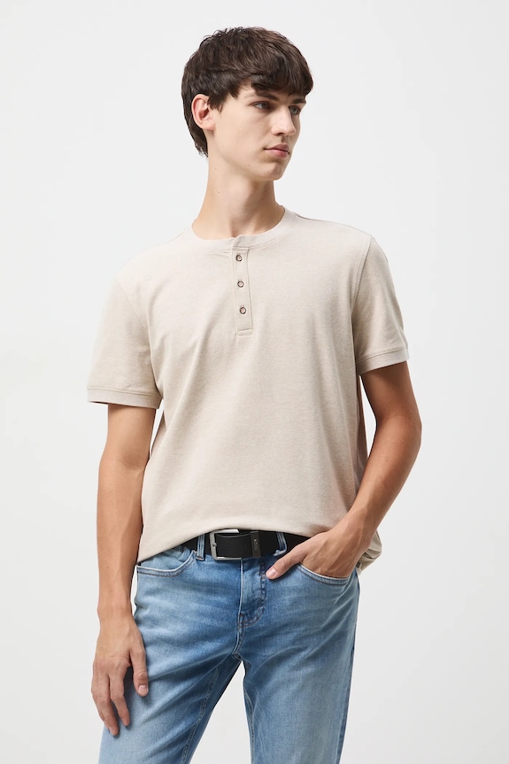 T-shirt bawełniany męski z elastanem z dzianiny strukturalnej beżowy RW25-TSM056