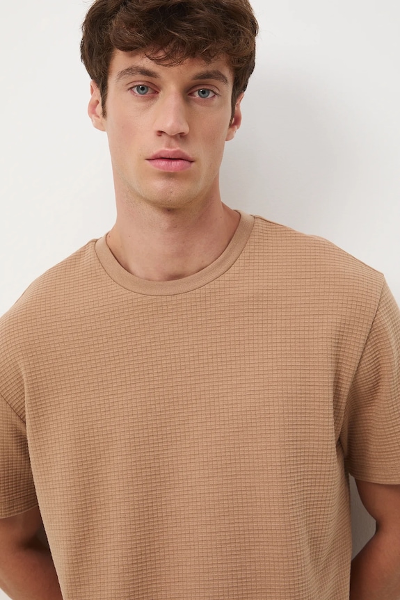 T-shirt męski z fakturą gładkie beżowy RW25-TSM073