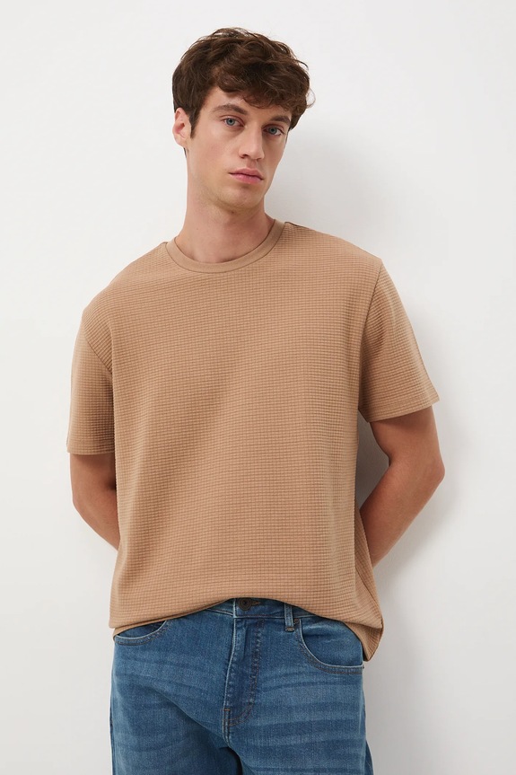 T-shirt męski z fakturą beżowy RW25-TSM073