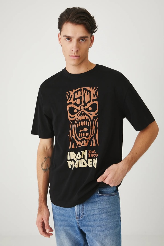 T-shirt bawełniany męski Iron Maiden okrągły czarny RW25-TSM173