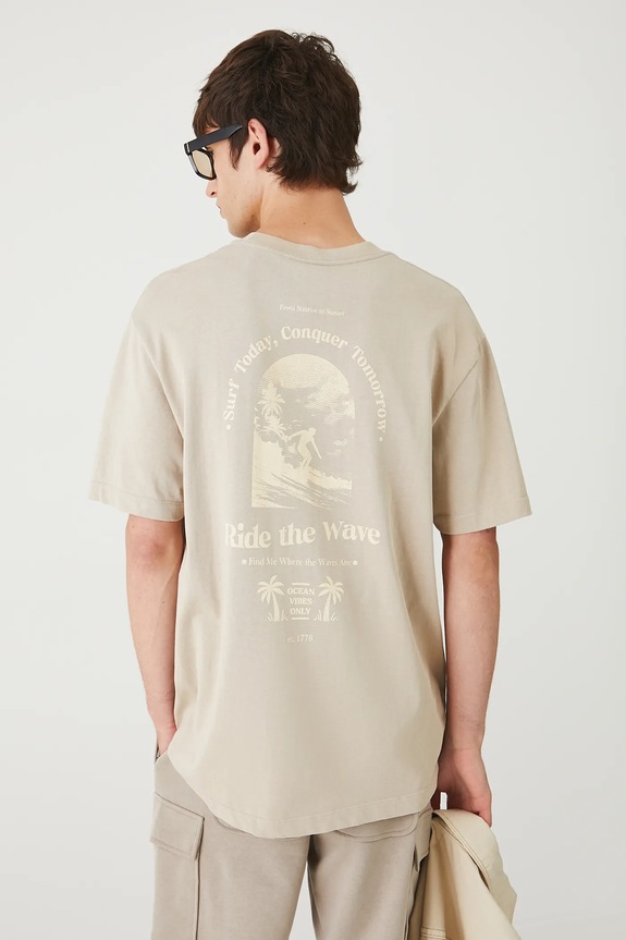 T-shirt bawełniany męski z nadrukiem okrągły beżowy RW25-TSM205