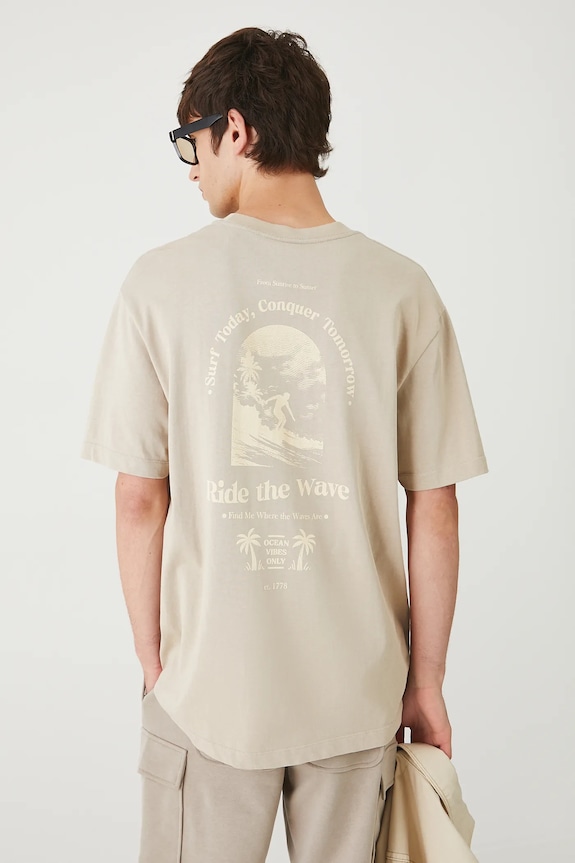 T-shirt bawełniany męski z nadrukiem okrągły beżowy RW25-TSM205