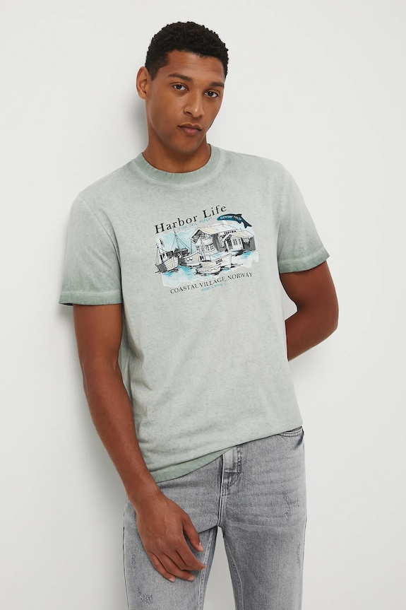 T-shirt bawełniany męski z efektem sprania okrągły turkusowy RW25-TSM209