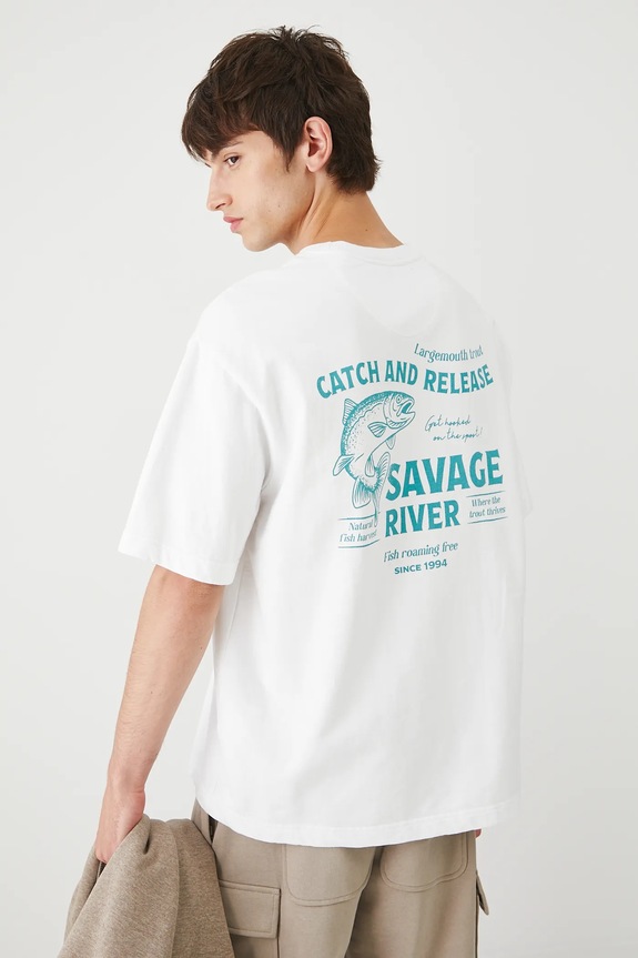 T-shirt bawełniany męski z nadrukiem i haftem okrągły biały RW25-TSM211