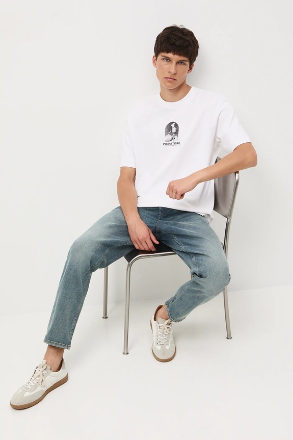 T-shirt bawełniany męski z nadrukiem okrągły biały RW25-TSM304