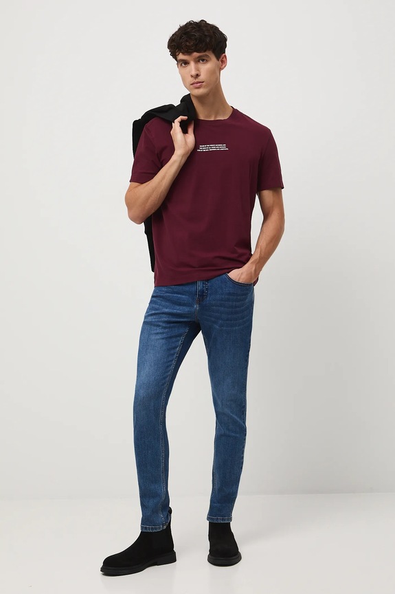 T-shirt bawełniany męski z elastanem z nadrukiem okrągły bordowy RW25-TSM310