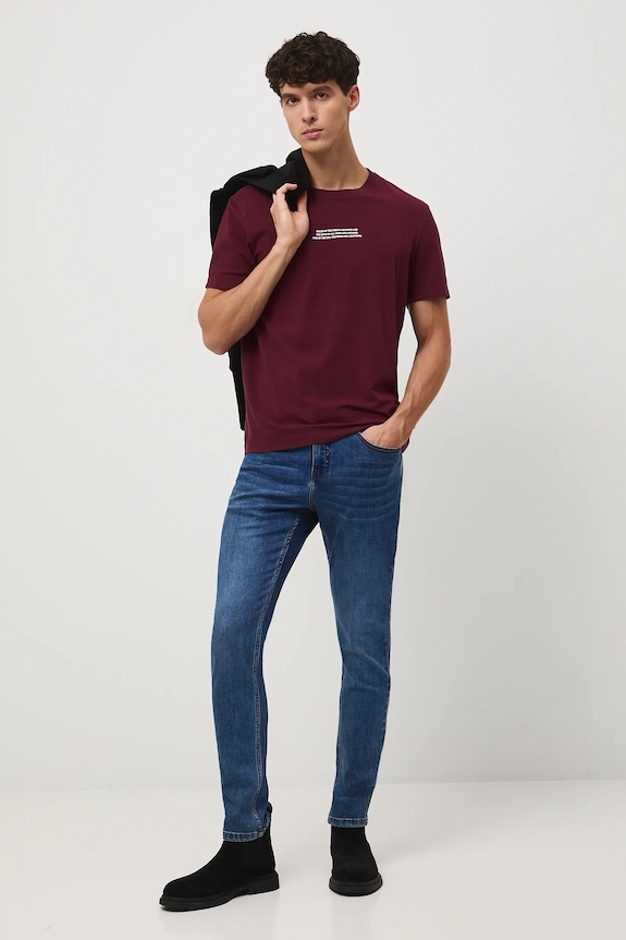 T-shirt bawełniany męski z elastanem z nadrukiem okrągły bordowy RW25-TSM310