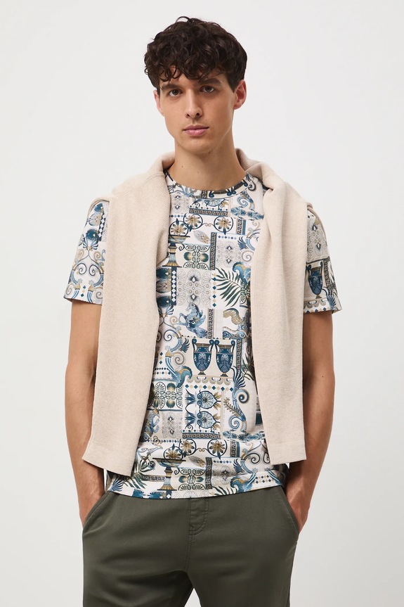 Bavlnené tričko pánske so vzorom okrúhly béžová RW25-TSM312