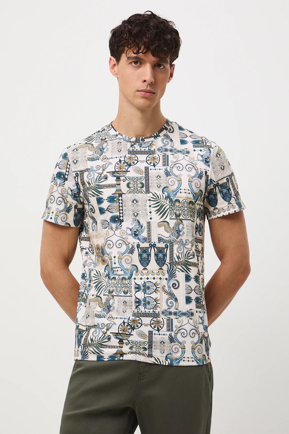 Bavlnené tričko pánske so vzorom béžová RW25-TSM312