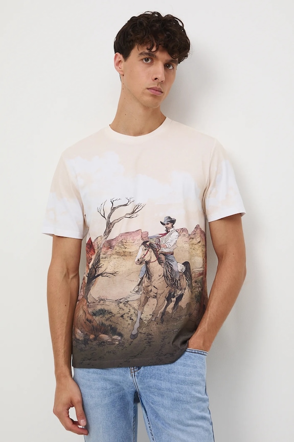 T-shirt bawełniany męski wzorzysty wzorzyste beżowy RW25-TSM402