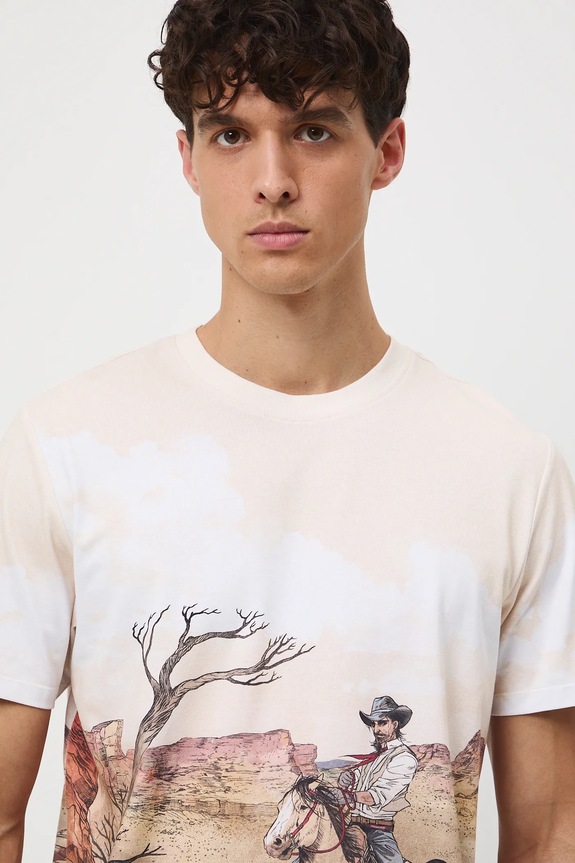 Odzież T-shirt bawełniany męski wzorzysty RW25-TSM402 beżowy