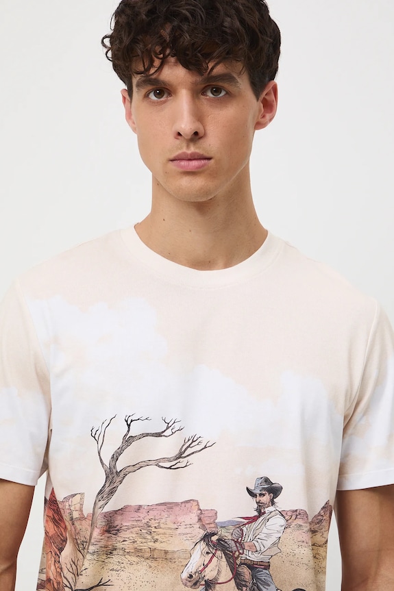 Odzież T-shirt bawełniany męski wzorzysty RW25-TSM402 beżowy