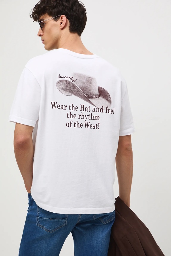 T-shirt bawełniany męski z nadrukiem okrągły biały RW25-TSM403