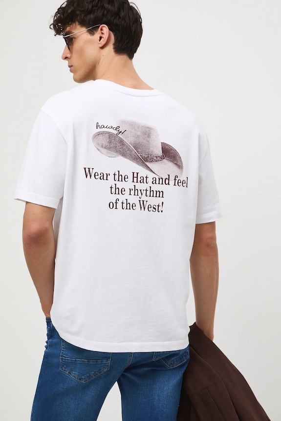 T-shirt bawełniany męski z nadrukiem okrągły biały RW25-TSM403