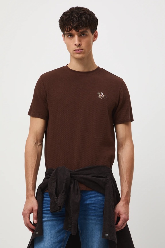 T-shirt bawełniany męski z ozdobnym haftem bawełna brązowy RW25-TSM407