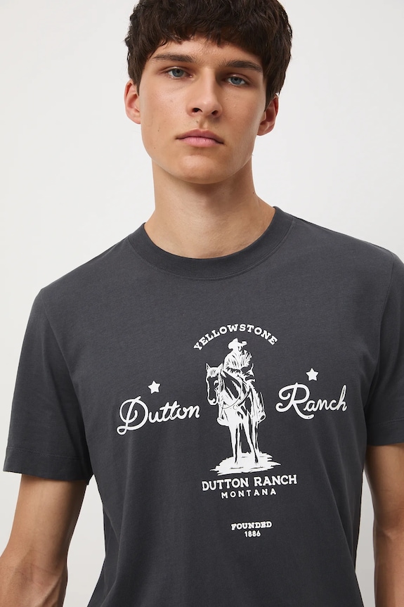 T-shirt bawełniany męski Yellowstone okrągły szary RW25-TSM470