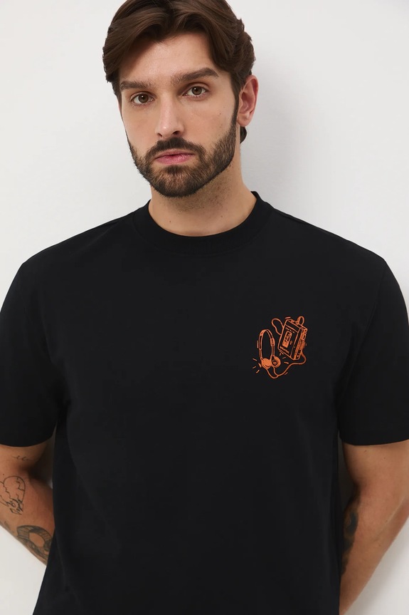 T-shirt bawełniany męski z nadrukiem okrągły czarny RW25-TSM606