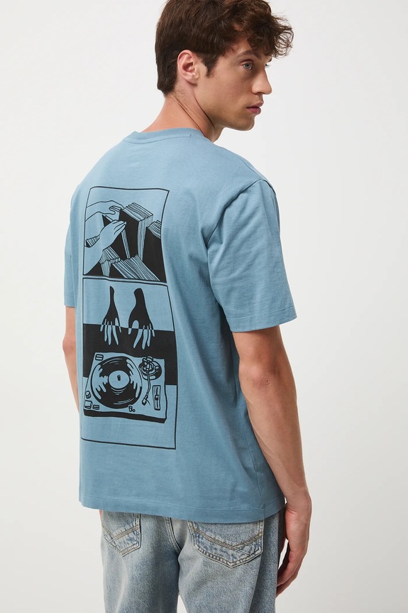 T-shirt bawełniany męski z nadrukiem okrągły niebieski RW25-TSM607