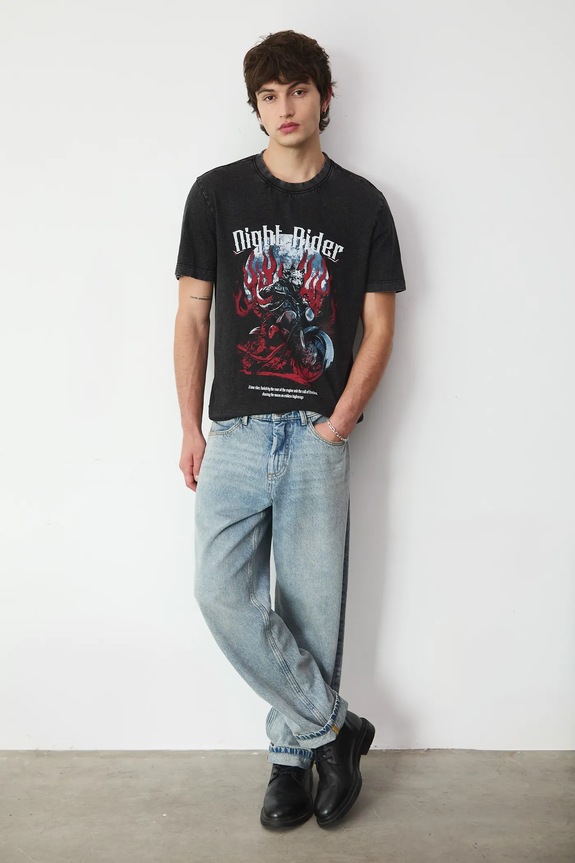 T-shirt bawełniany męski z nadrukiem okrągły szary RW25-TSM717