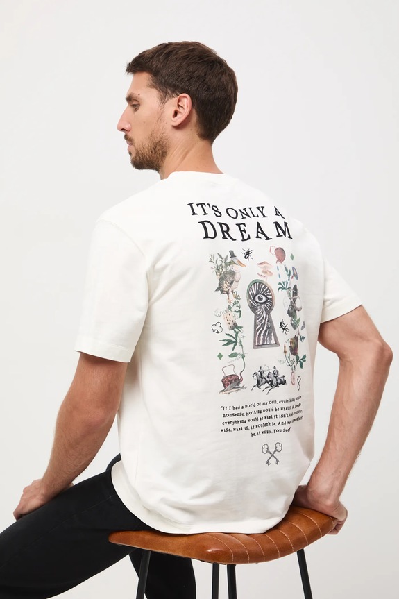 T-shirt bawełniany męski z nadrukiem i haftem okrągły beżowy RW25-TSM906