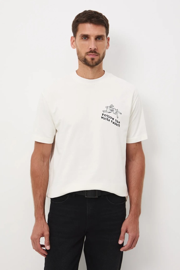 Odzież T-shirt bawełniany męski z nadrukiem i haftem RW25-TSM906 beżowy