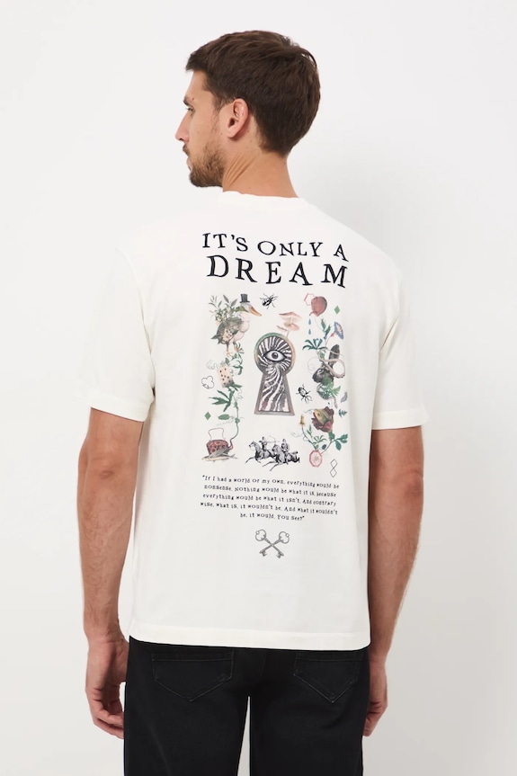 T-shirt bawełniany męski z nadrukiem i haftem beżowy RW25-TSM906