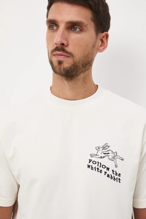 T-shirt bawełniany męski z nadrukiem i haftem RW25-TSM906 beżowy