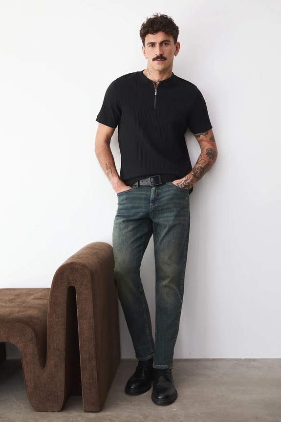 Bavlnené tričko pánske s elastanom vrúbkovaný jednofarebný čierna RW25-TSMA20