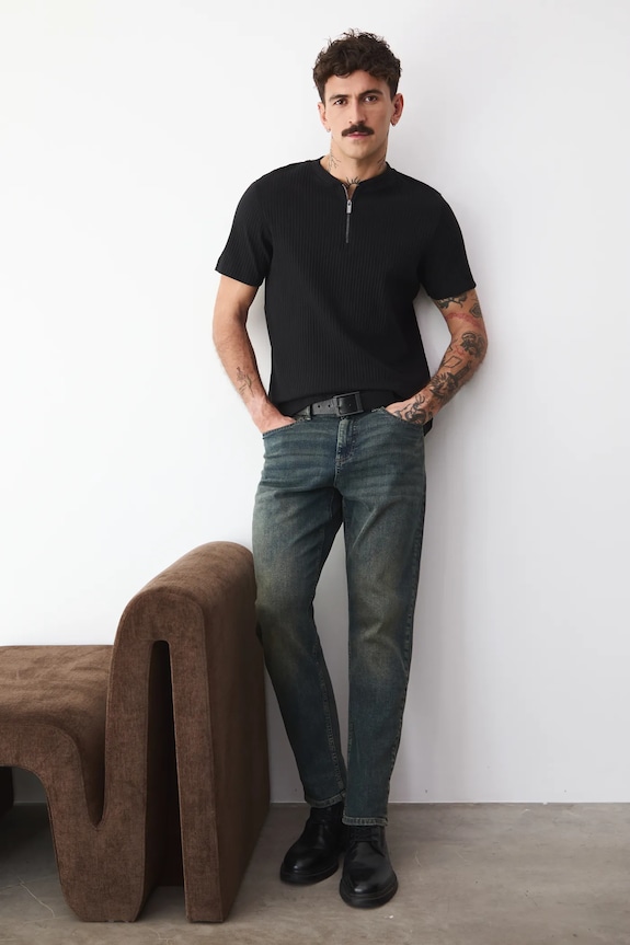 T-shirt bawełniany męski z elastanem prążkowany gładkie czarny RW25-TSMA20