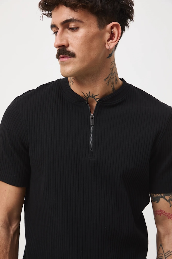 T-shirt bawełniany męski z elastanem prążkowany czarny RW25-TSMA20