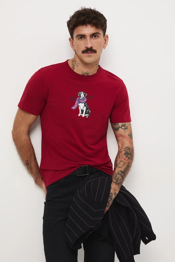 T-shirt bawełniany męski z elastanem z nadrukiem okrągły czerwony RW25-TSMA30