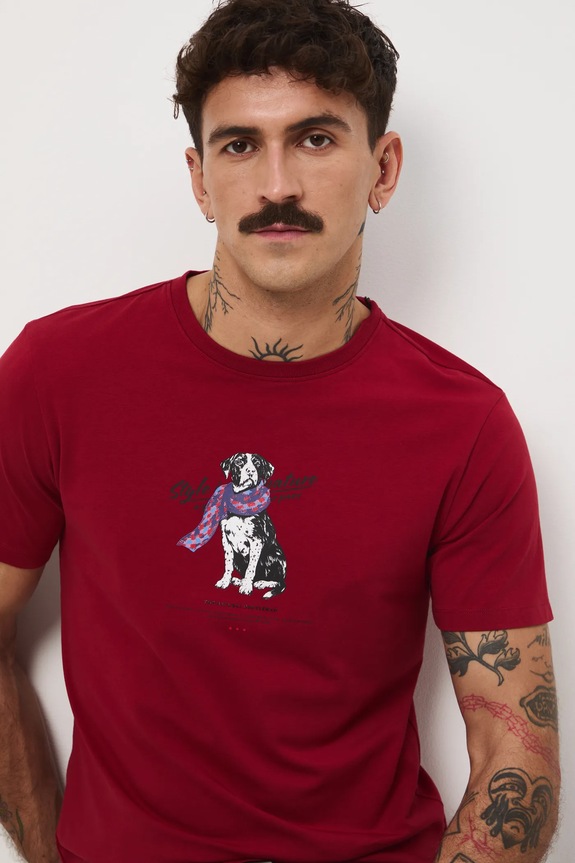 T-shirt bawełniany męski z elastanem z nadrukiem czerwony RW25-TSMA30