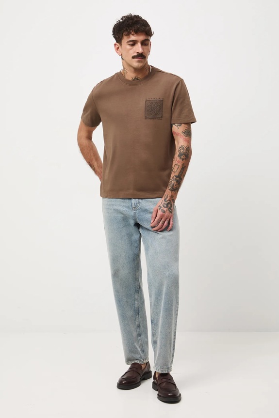 T-shirt bawełniany męski interlock z nadrukiem okrągły brązowy RW25-TSMB16
