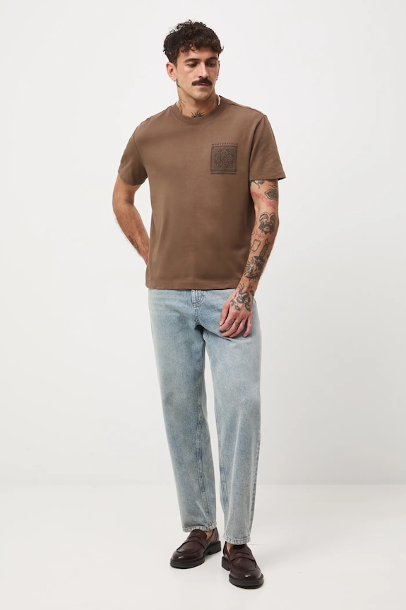 T-shirt bawełniany męski interlock z nadrukiem okrągły brązowy RW25-TSMB16