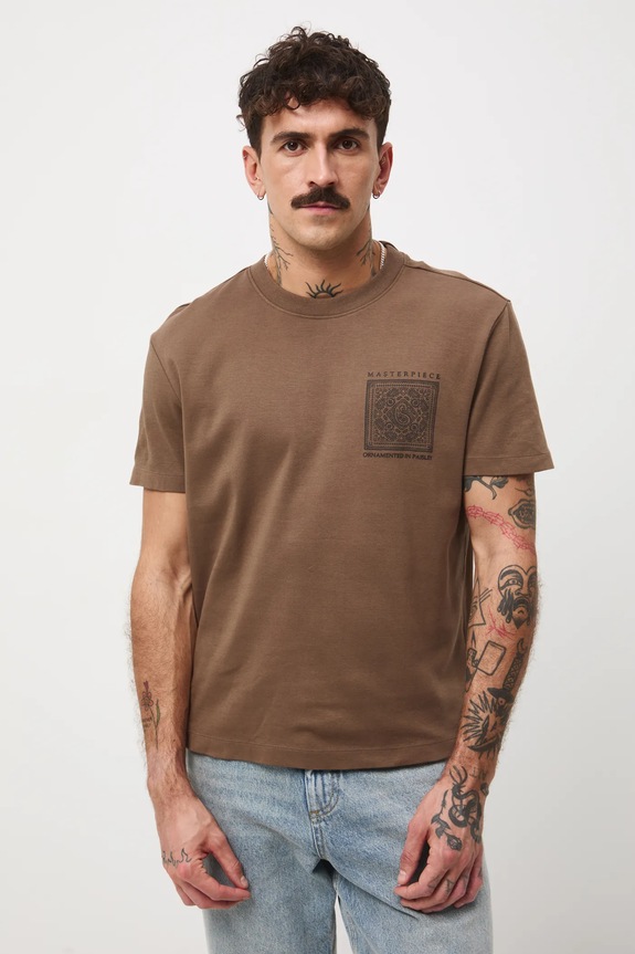 T-shirt bawełniany męski interlock z nadrukiem RW25-TSMB16 brązowy RW25