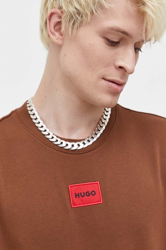 Βαμβακερή μπλούζα HUGO San Jared-C 50447964 καφέ