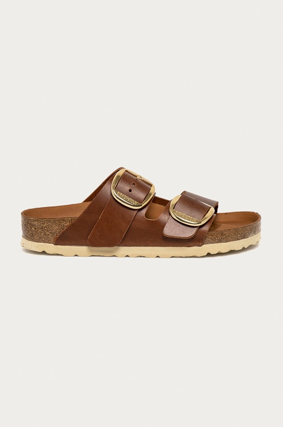 Birkenstock klapki skórzane Arizona Big Buckle płaski brązowy 1011072