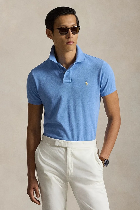 Βαμβακερό μπλουζάκι πόλο Polo Ralph Lauren slim μπλε 710536856