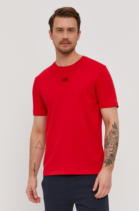 HUGO T-shirt basic męski bawełniany Diragolino212 aplikacja czerwony 50447978