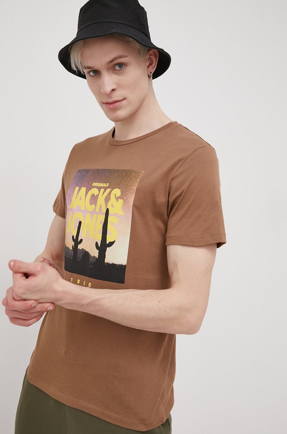 Pamučna majica Jack & Jones 12200159 smeđa SS22