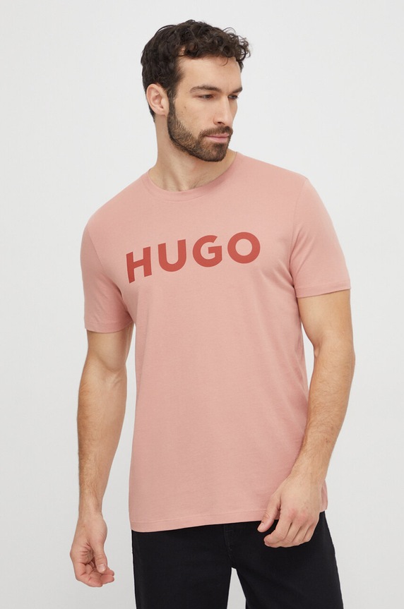 HUGO T-shirt męski bawełniany Dulivio nadruk różowy 50467556