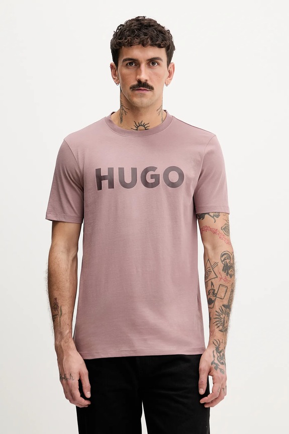 HUGO T-shirt męski bawełniany Dulivio nadruk różowy 50467556