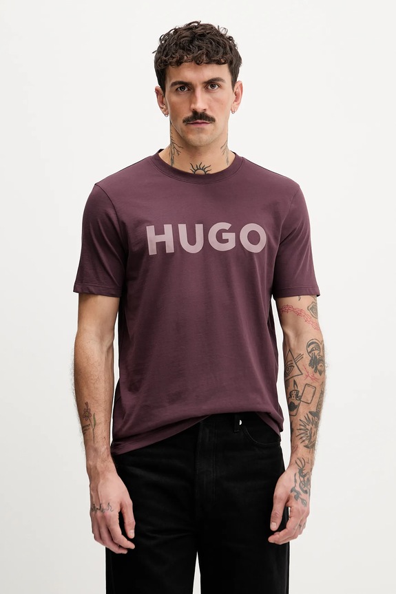 HUGO T-shirt męski bawełniany Dulivio nadruk fioletowy 50467556