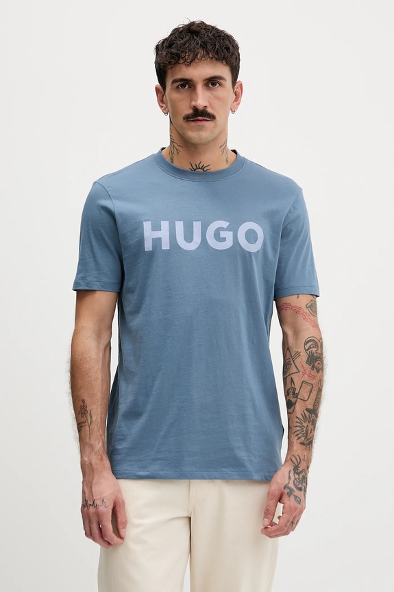 HUGO T-shirt męski bawełniany Dulivio nadruk turkusowy 50467556