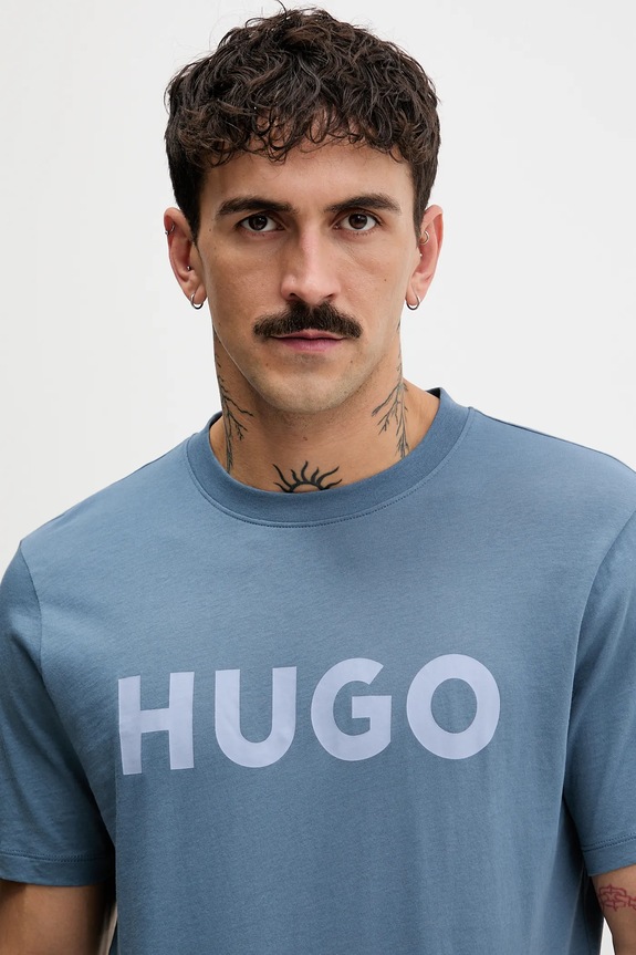 HUGO T-shirt męski bawełniany Dulivio turkusowy 50467556